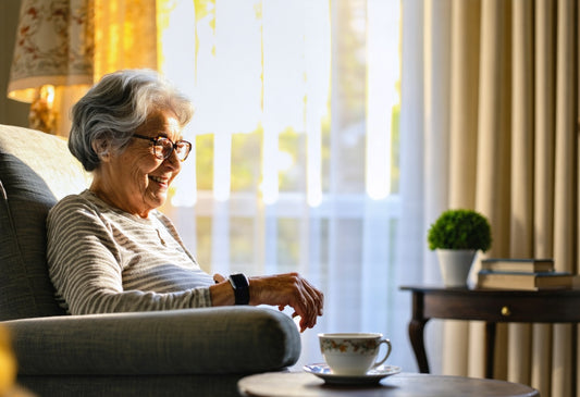 Smiling senior woman wearing the best smartwatch for seniors, relaxing at home and enjoying peace of mind