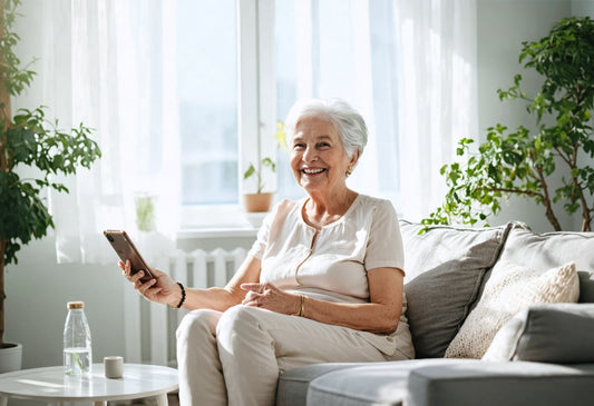 Smiling senior woman using smartphone at home, enjoying seniors summer health care tips for active living