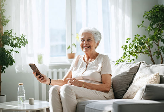 Smiling senior woman using smartphone at home, enjoying seniors summer health care tips for active living